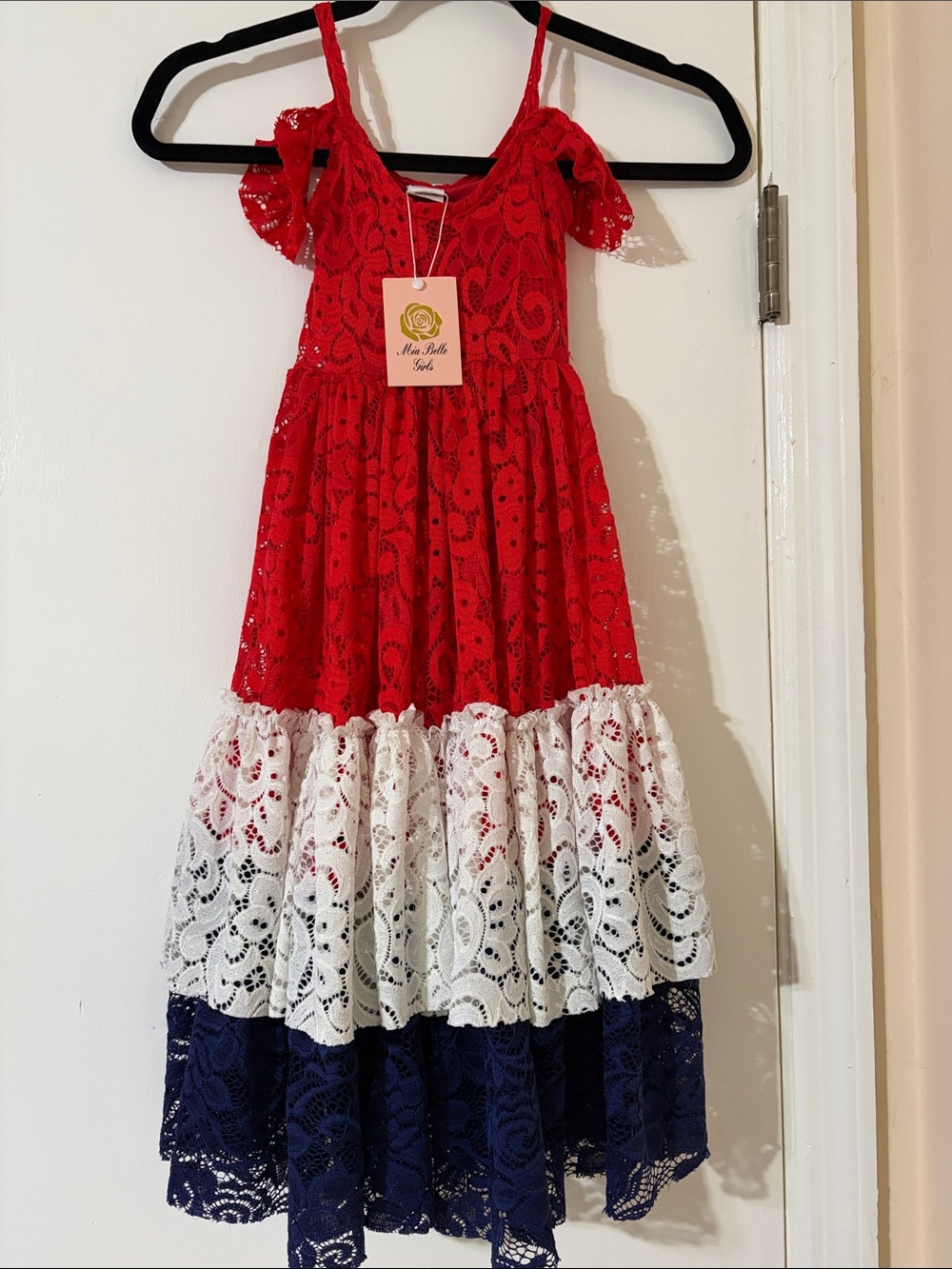 Mia Belle Girls Red White Navy Lace Tiered Special Occasion Dress